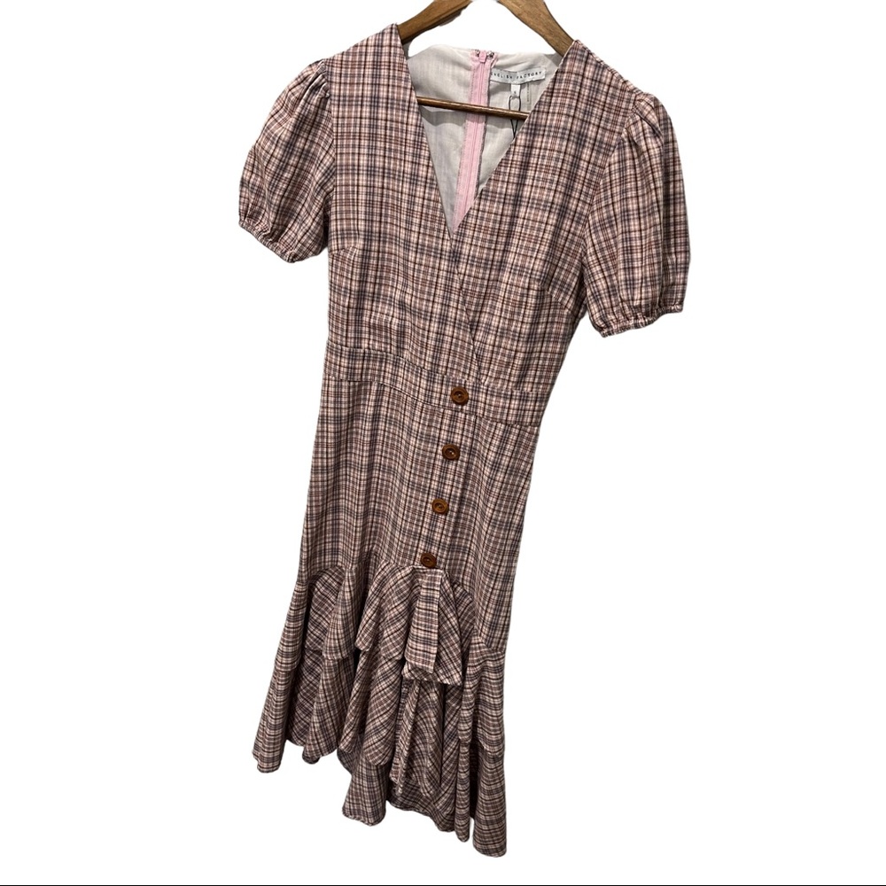 ENGLISH FACTORY PLAID PUFF SLEEVE RUFFLED WOOD BUTTON DETAILS DRESS SIZE SMALL - Picture 8 of 14